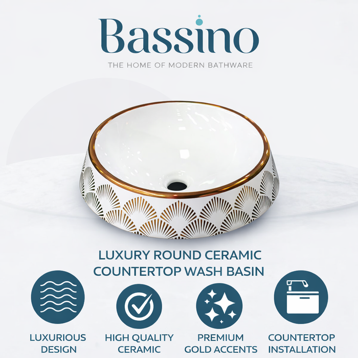Luxury Round Ceramic Basin | Gloss Counter Top Wash Basin | 16x16x6 inch | White With Accents