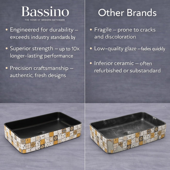 Bassino 24" Rectangular Countertop Wash Basin – Designer Mosaic Ceramic Vessel Sink (23.6" x 13.8" x 4.3")