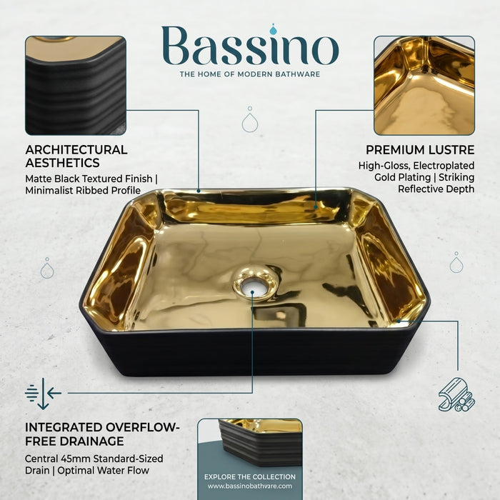 Bassino Luxury Gold Finish Countertop Wash Basin – Premium Black & Gold Ceramic Vessel Sink (18.1" x 13.4" x 4.7")