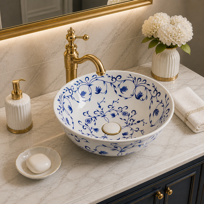 Bassino Floral Art Round Countertop Wash Basin – Designer Ceramic Vessel Sink (15.7" x 15.7" x 6.3")