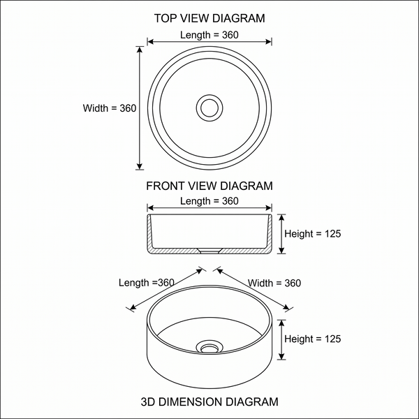 Bassino 14 Inch Round Countertop Wash Basin Sink – 14.2" x 14.2" x 4.9" Modern Luxury Ceramic Vessel Basin with Gold Rim