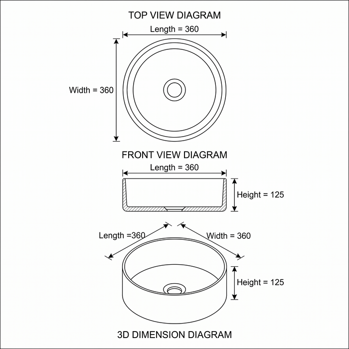 Bassino 14 Inch Round Countertop Wash Basin Sink – 14.2" x 14.2" x 4.9" Modern Luxury Ceramic Vessel Basin with Gold Rim