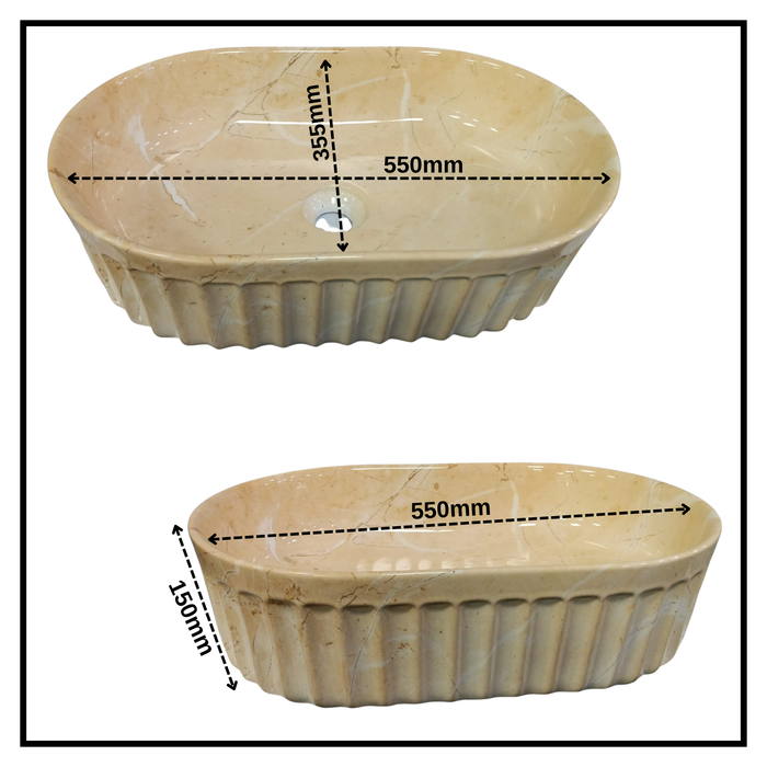 Designer Table-Top Basin | Gloss Marble Ceramic Basin | 22x14.2x6 inch | Beige Marble