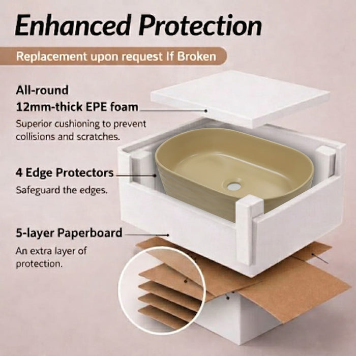 Bassino 20" Beige Wave-Textured Oval Ceramic Countertop Wash Basin – Designer Vessel Sink (20" x 12" x 6")