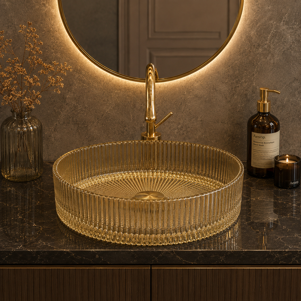 Bassino 16" Luxury Ribbed Glass Countertop Wash Basin – Premium Clear Gold Round Designer Vessel Sink (15.7" x 15.7" x 4.7")