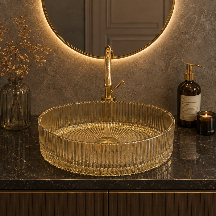 Bassino 16" Luxury Ribbed Glass Countertop Wash Basin – Premium Clear Gold Round Designer Vessel Sink (15.7" x 15.7" x 4.7")