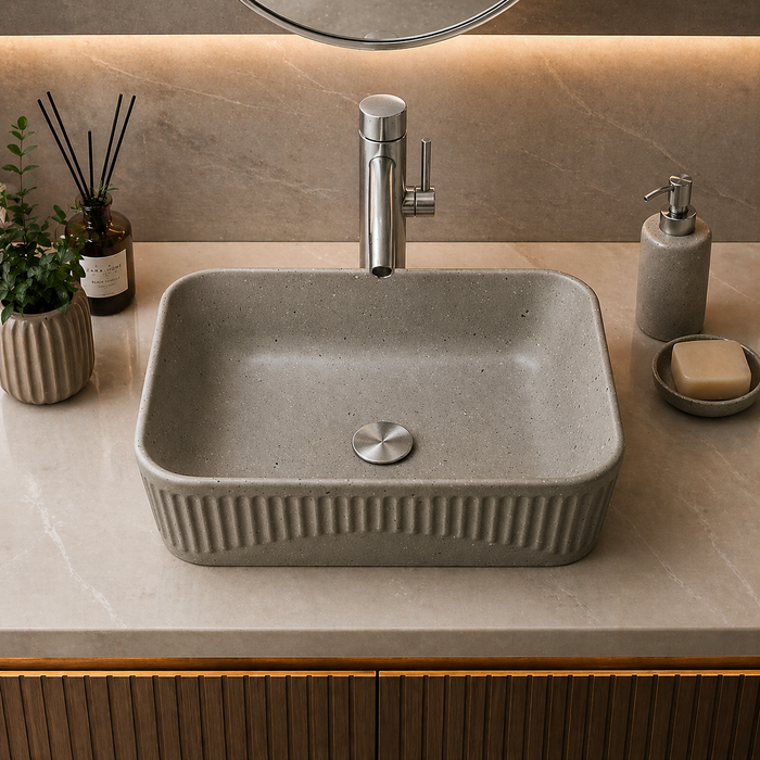 Bassino Grey Stone Textured Rectangular Countertop Wash Basin – Modern Ceramic Vessel Sink (20" x 14" x 5")