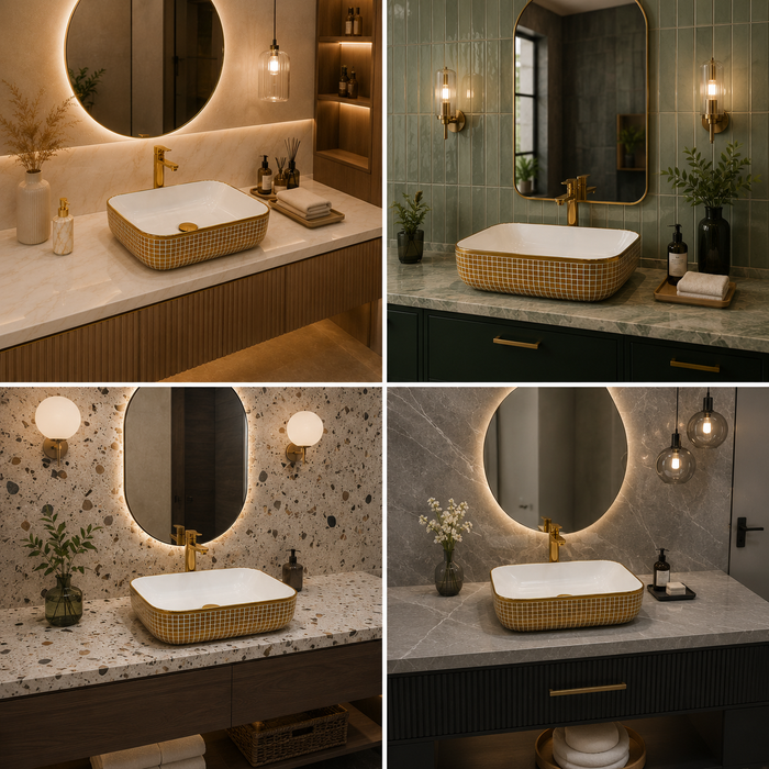 Bassino 16" x 12" Luxury Rectangular Countertop Wash Basin – White & Gold Designer Ceramic Vessel Sink (15.7" x 11.8" x 5.5")