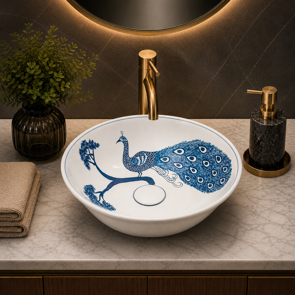 Bassino Peacock Design Round Countertop Wash Basin – Artistic Ceramic Vessel Sink (15.7" x 15.7" x 4.7")