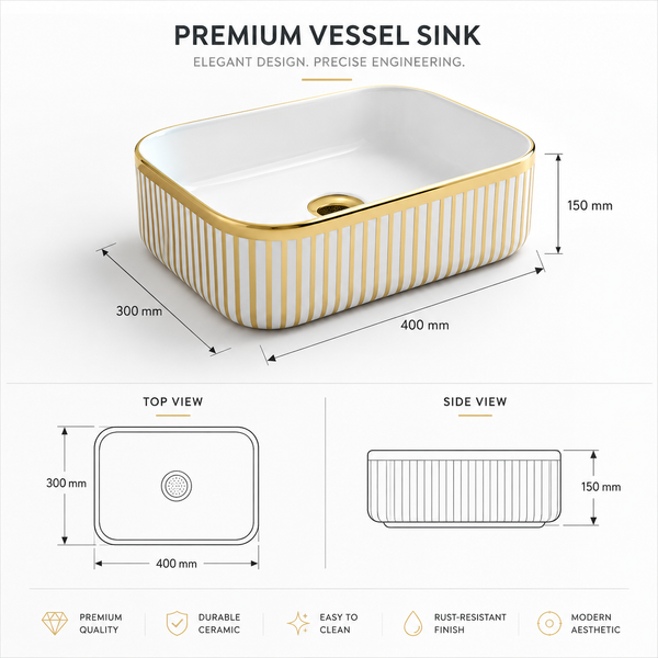 Designer Countertop Wash Basin | 16 × 12 × 6 Inch Luxury Bathroom Basin | Gold & Rose Gold Finish Variants Gold