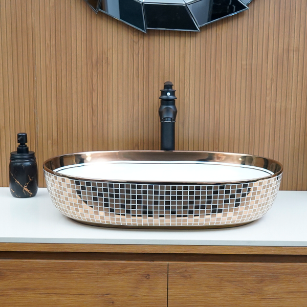 Premium Ceramic Designer Table Top Wash Basin, Rose Gold Glossy Mosaic Finish (24 x 16 x 5 In),BTT-11172