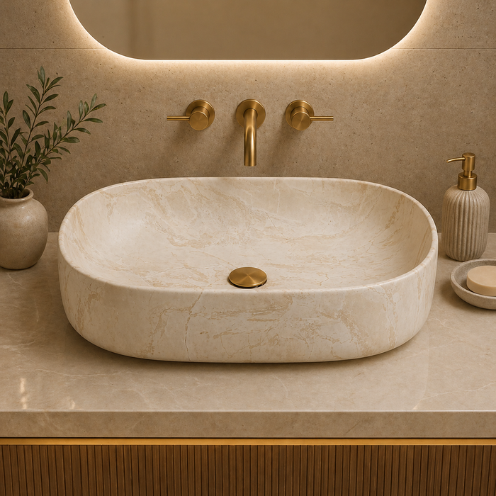 Bassino Marble Finish Ceramic Oval Countertop Wash Basin – Luxury Vessel Sink (22" x 14" x 6")