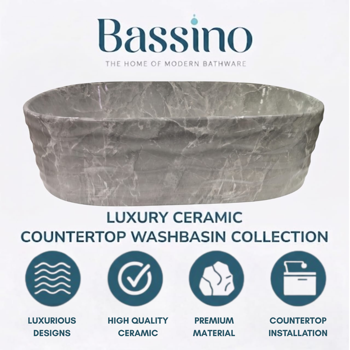 Bassino Grey Marble Textured Countertop Wash Basin – Luxury Oval Vessel Sink (500 x 300 x 150 mm)