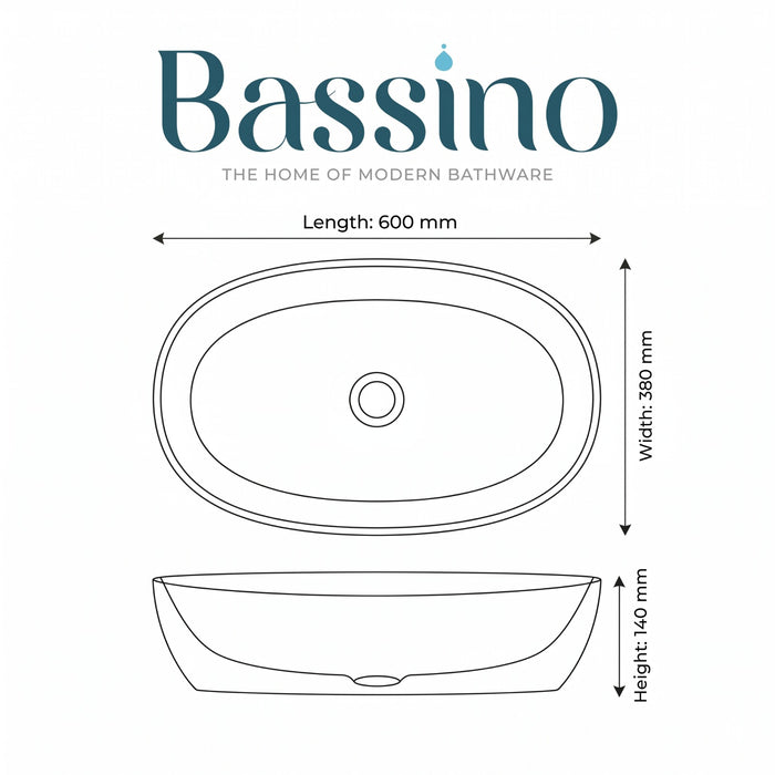 Bassino Oval Black Marble Countertop Wash Basin – Premium Ceramic Vessel Sink (23.6" x 15" x 5.5")