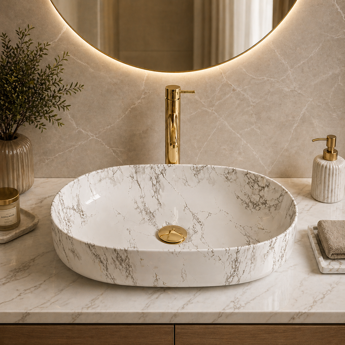 Bassino Marble Finish Ceramic Countertop Wash Basin – Luxury Oval Vessel Sink (22" x 14" x 6")