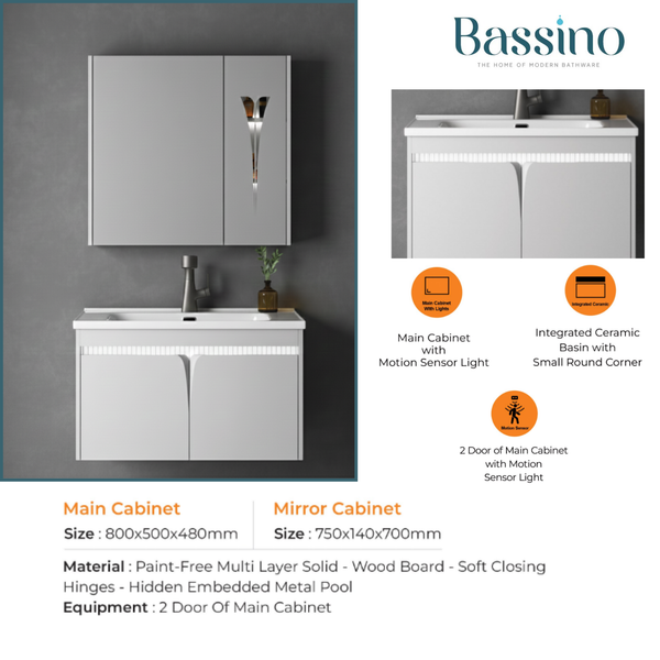 Modern Wall-Mounted Bathroom Vanity Set with Motion Sensor & Ceramic Basin | 800 mm