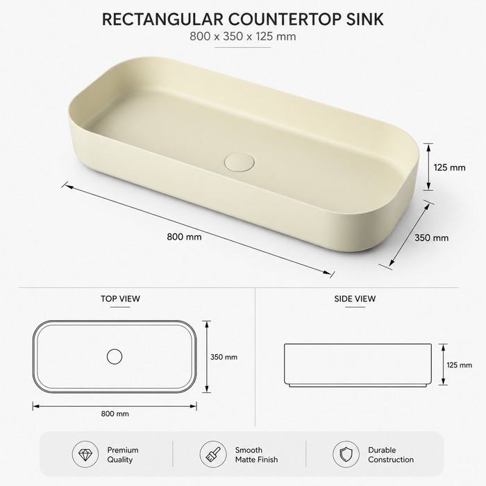 Bassino Modern Melamine Wash Basin | Stylish Countertop Wash Basin for Bathroom–800x350x125 mm Beige