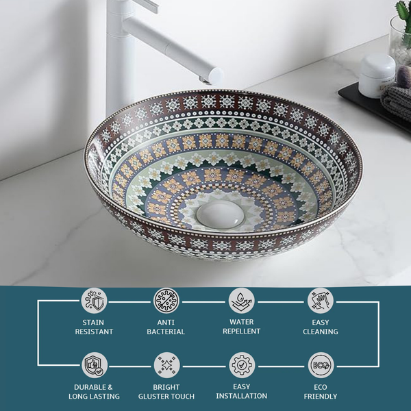 Designer Round Ceramic Countertop Basin Traditional Multicolor Pattern (16 x 16 x5 In- AB676)