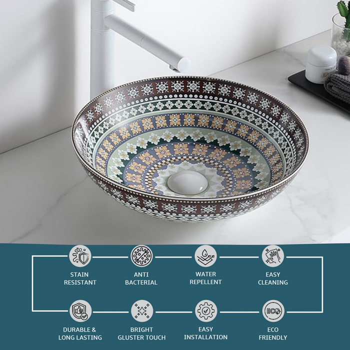 Designer Round Ceramic Countertop Basin (Traditional Multicolor Pattern (16 x 16 x5 In- AB676)