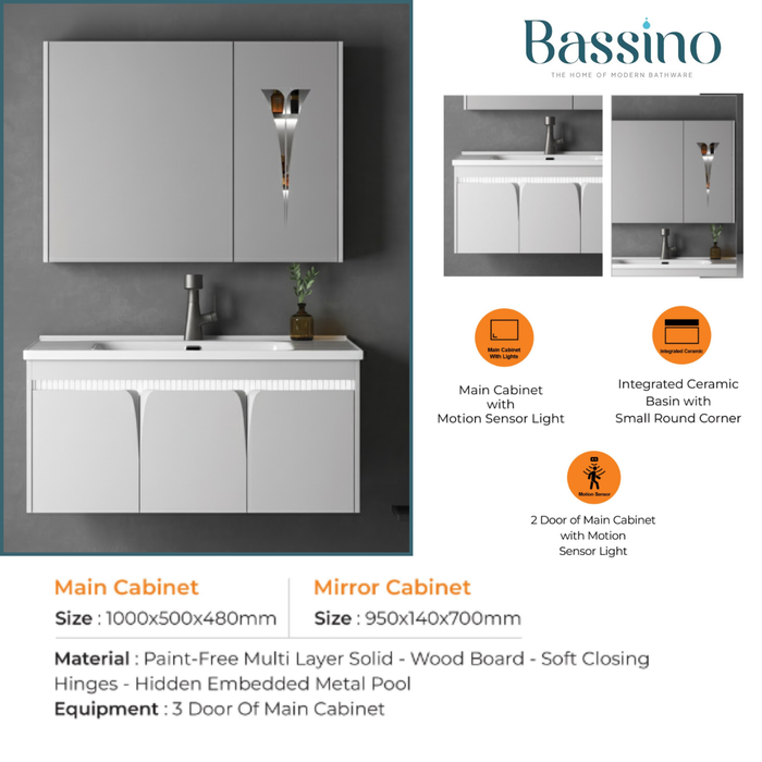Modern Wall-Mounted Bathroom Vanity Set with Motion Sensor & Ceramic Basin | 1000 mm