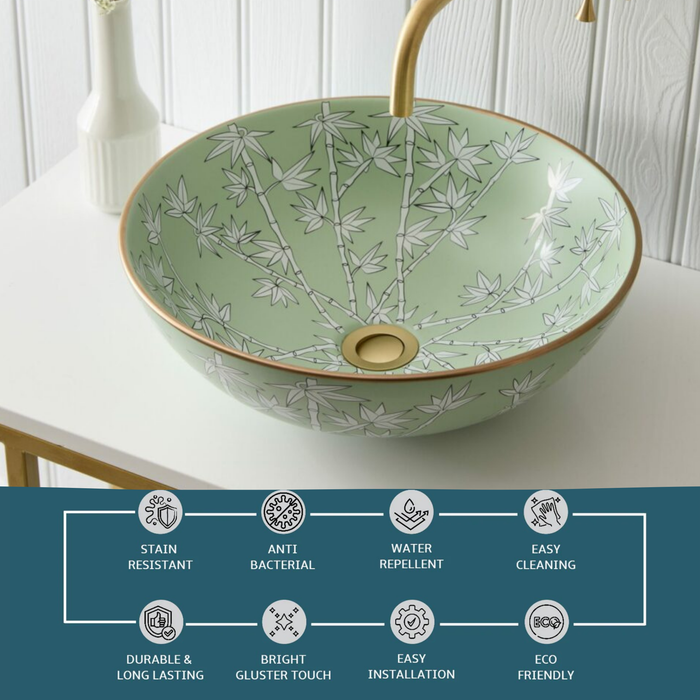 Designer Round Ceramic Wash Basin (Green with Golden Edge & Bamboo Art Design-  16 x 16 x 5 In- AB605)