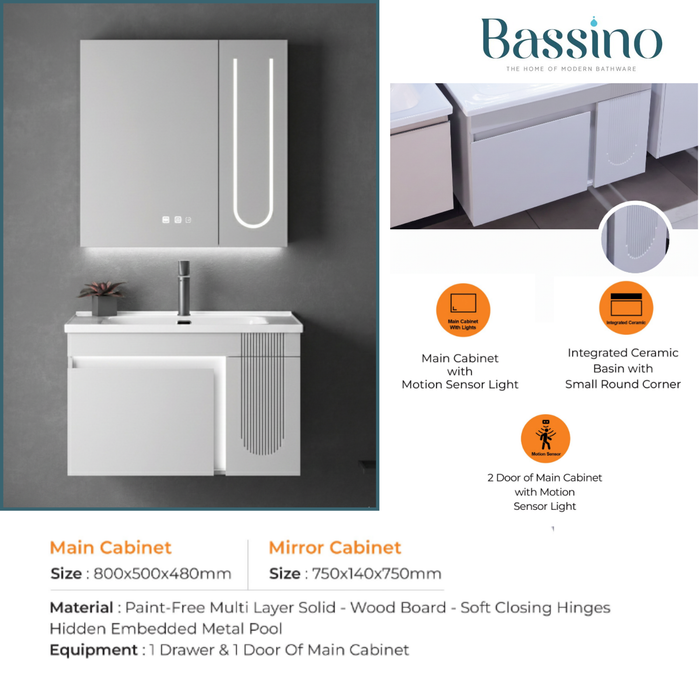 Bathroom Vanity Set - Motion Sensor Cabinet + Touch Smart Mirror + Integrated Ceramic Basin | 800mm