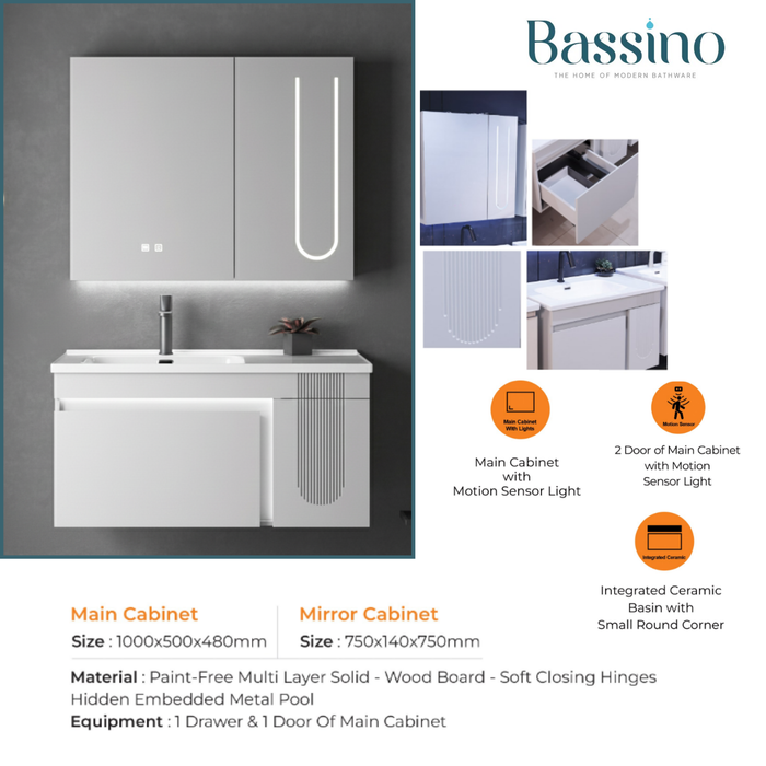 Bathroom Vanity Set| Motion Sensor Cabinet + Touch Smart Mirror + Integrated Ceramic Basin | 1000mm Modern Bathroom Vanity Unit