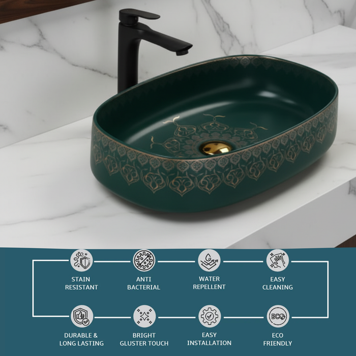 Designer Ceramic Wash Basin (Green Gold Moroccan design - 21 x 14 x 6 In - AB615)