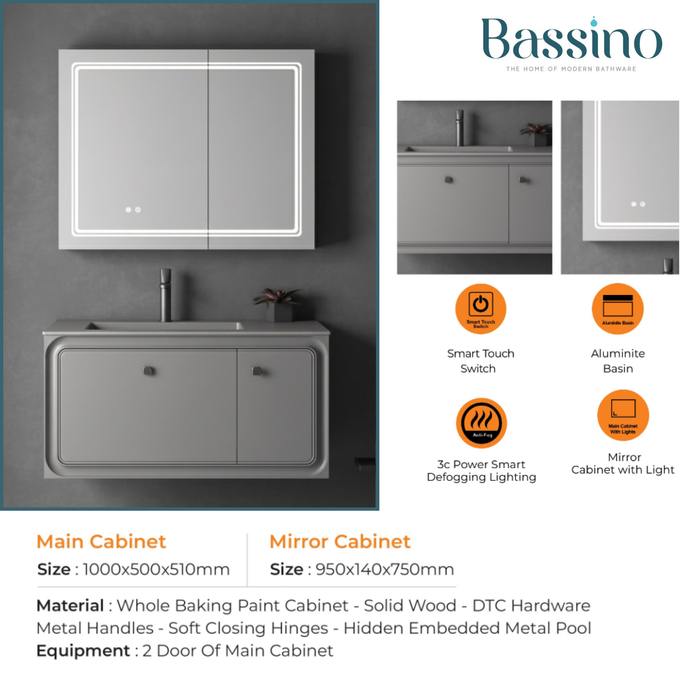 Luxury Bathroom Vanity Set | Smart Touch Mirror + Anti-Fog Defogging Light + Aluminite Basin | 1000mm Wall Mounted Bathroom Cabinet