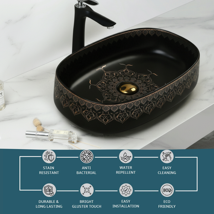 Designer Ceramic Wash Basin (Black Gold Moroccan design - 21 x 14 x 6 In - AB614)