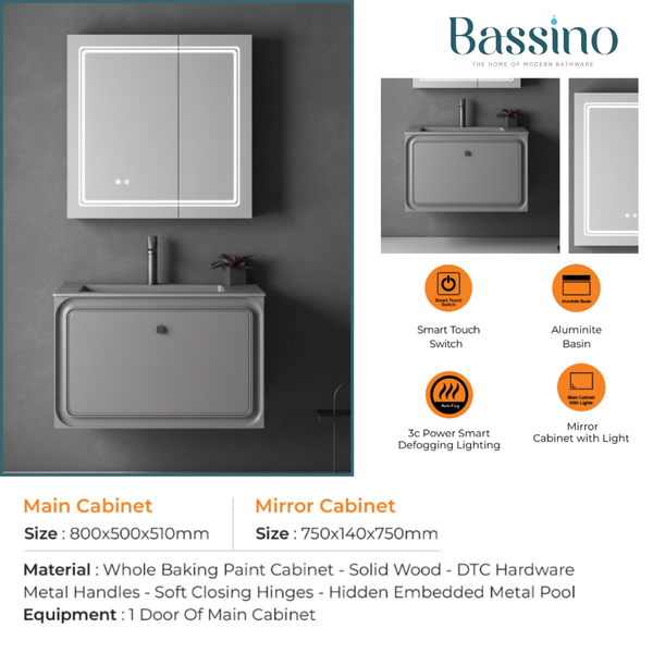 Luxury Bathroom Vanity | Smart Touch LED Mirror + 3C Defogging Light + Aluminite Basin | 800mm Wall Mounted Cabinet