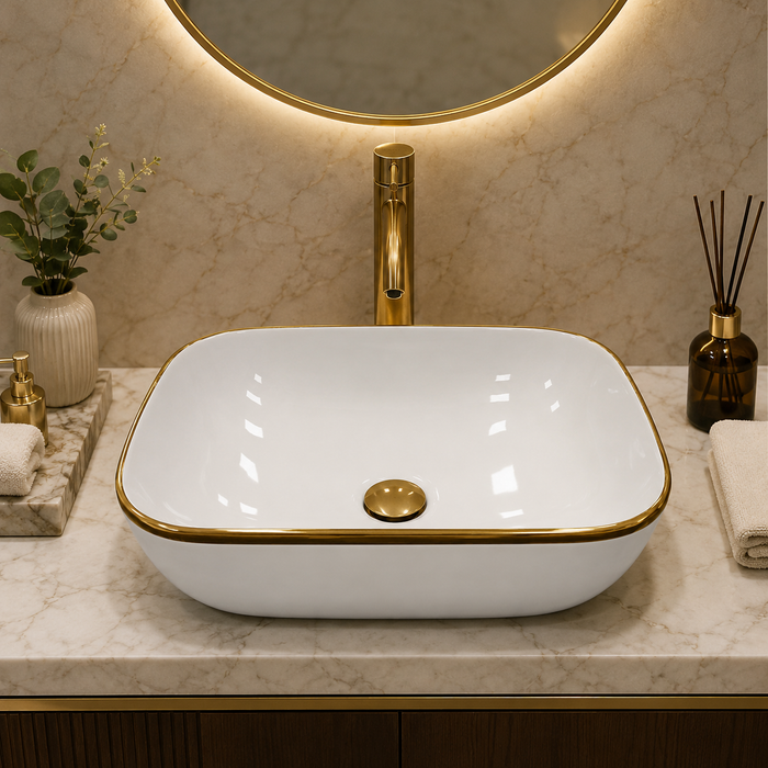 Bassino 18" White Ceramic Countertop Wash Basin with Gold Rim – Luxury Rectangular Vessel Sink (18" x 13" x 6")