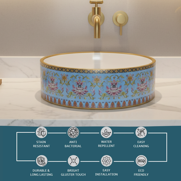 Designer Round Ceramic Wash Basin (Glossy Blue with Moroccan Art Design 16 x 16 x 5 In- AB604)
