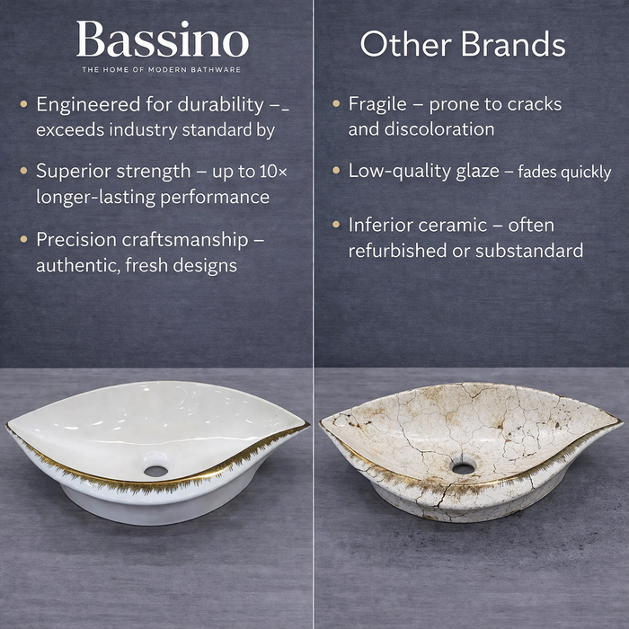 Bassino Luxury Designer Curve Countertop Wash Basin (20" x 16" x 5.5") – Ceramic Sink with Handcrafted Gold Rim Finish