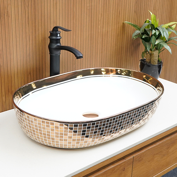 Premium Ceramic Designer Table Top Wash Basin, Rose Gold Glossy Mosaic Finish (24 x 16 x 5 In),BTT-11172