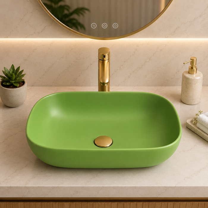 Bassino Matte Green Countertop Wash Basin – Modern Oval Ceramic Vessel Sink (17.9" x 12.8" x 5.5")