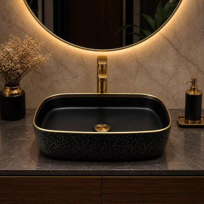 Bassino 20" x 15" Luxury Countertop Wash Basin – Premium Matte Black & Gold Rectangular Ceramic Vessel Sink (19.7" x 14.6" x 5.3")