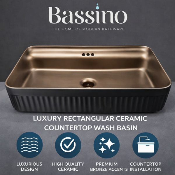 BASSINO Imperial Fluted Black-Bronze Ceramic Vessel Sink (24 x 14 x 6 Inches)