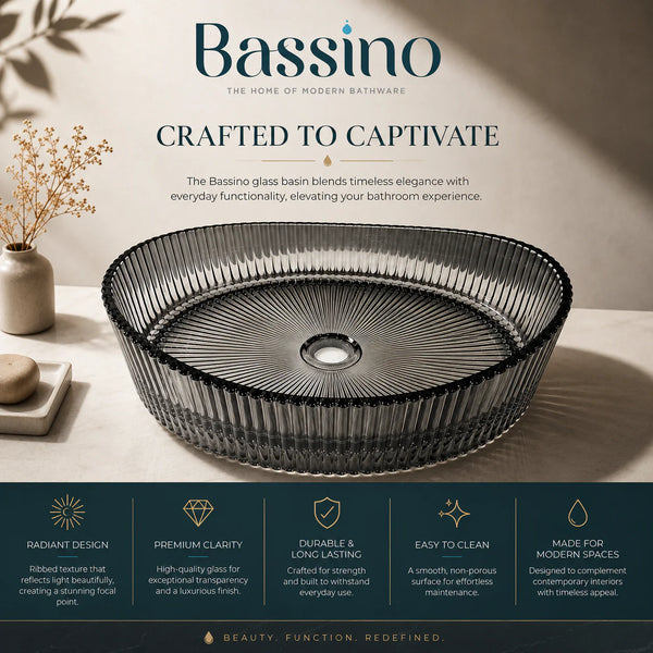 Bassino Modern Transparent Glass Wash Basin | Stylish Countertop Wash Basin for Bathroom–525x350x155 mm Black