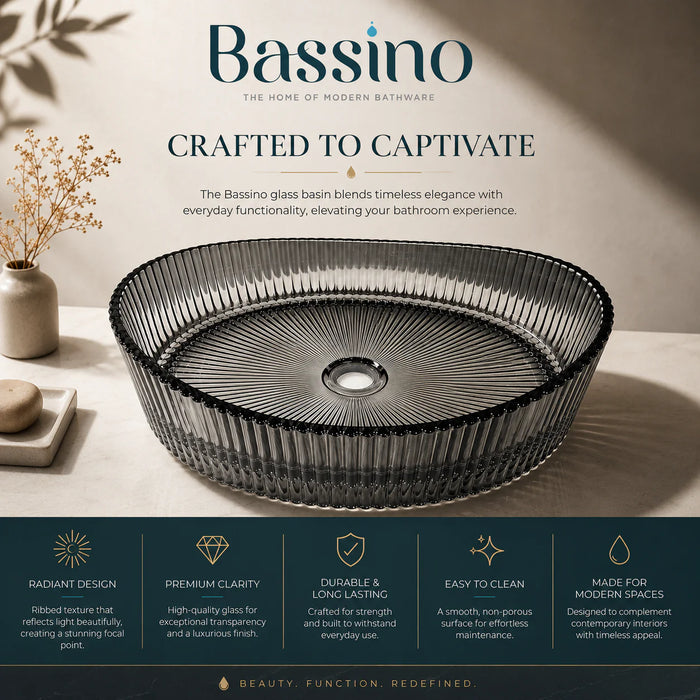 Bassino Modern Transparent Glass Wash Basin | Stylish Countertop Wash Basin for Bathroom–525x350x155 mm Black