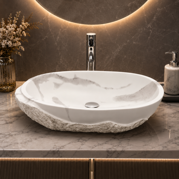 Bassino 21" White Marble Look Artificial Stone Table Top Wash Basin – Matte Oval Countertop Vessel Sink (21" x 13.5" x 5")
