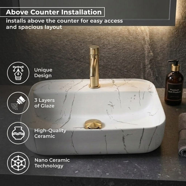 BASSINO Carrara Elegance Matte Marble-Finish Vessel Sink with Tap hole (20 x 16 x 5 Inches)