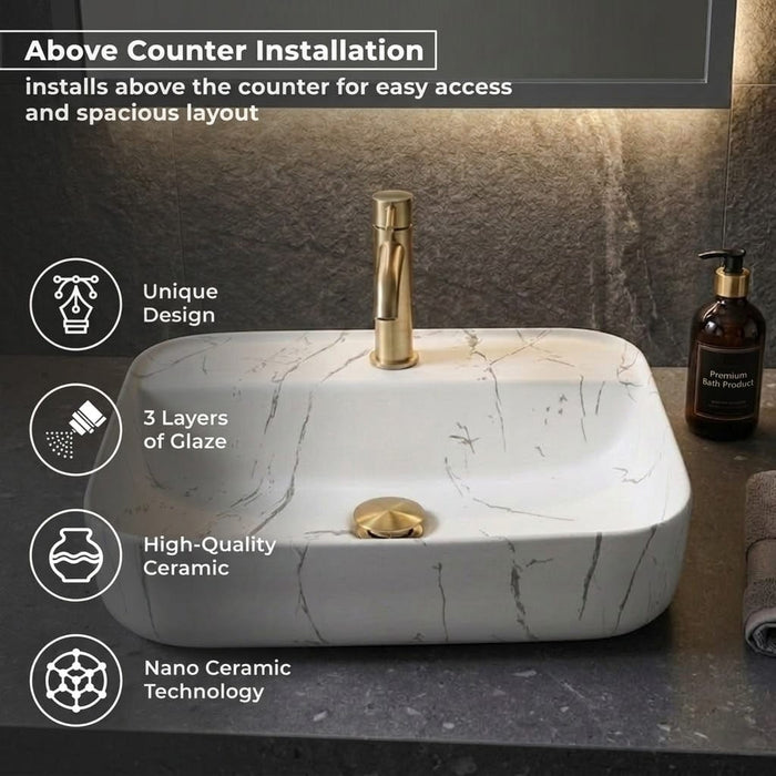 BASSINO Carrara Elegance Matte Marble-Finish Vessel Sink with Tap hole (20 x 16 x 5 Inches)