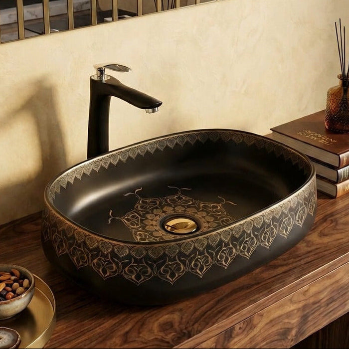 Designer Ceramic Wash Basin Moroccan design | 21 x 14 x 6 In | Black