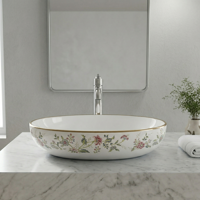 BASSINO Designer Table Top Basin – 20″ Floral Pattern Countertop Wash Basin in Glossy White (Size: 20″ × 15″ × 5″)
