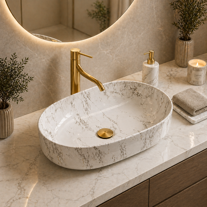 Bassino Marble Finish Ceramic Countertop Wash Basin – Luxury Oval Vessel Sink (22" x 14" x 6")