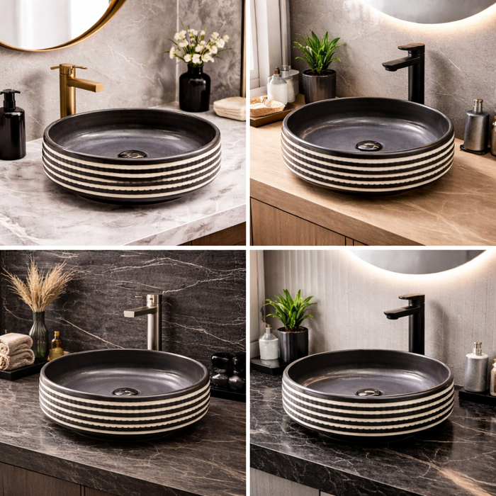 BASSINO Zebra Artisan Circular Ceramic Vessel Sink (16 x 16 x 6 Inches)