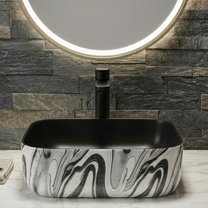 Bassino Square Black Marble Finish Ceramic Countertop Wash Basin | Modern Designer Vanity Sink, 16 x 12 x 6 Inch