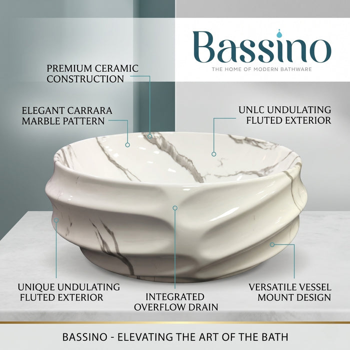 Bassino Round Marble Texture Countertop Wash Basin – Premium Ceramic Vessel Sink (17.9" x 15" x 6.7")