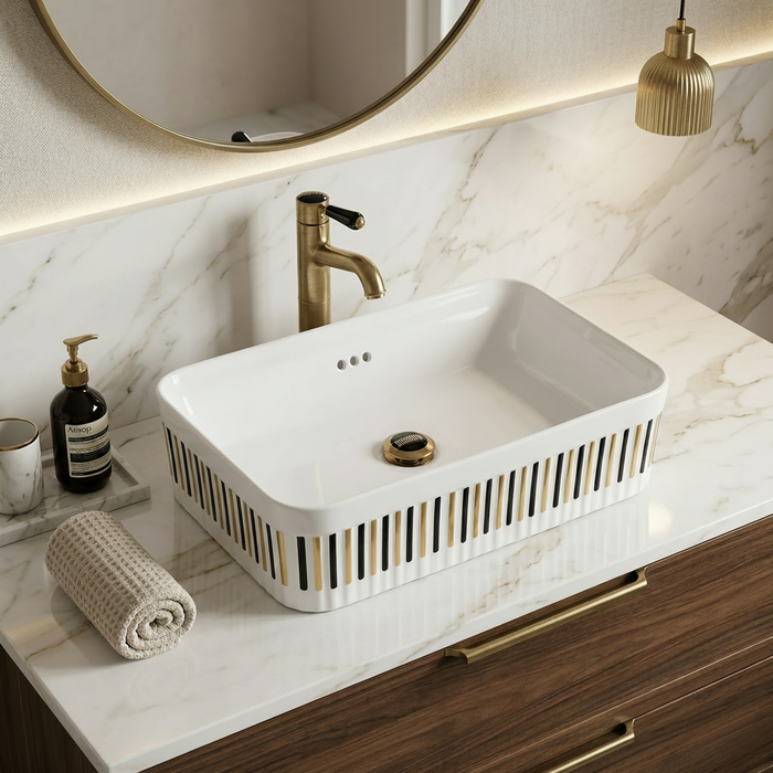 Luxury Rectangular Ceramic Counter Top Wash Basin | Gloss Ceramic Basin | 24x14x6 inch | White With Vertical Striped